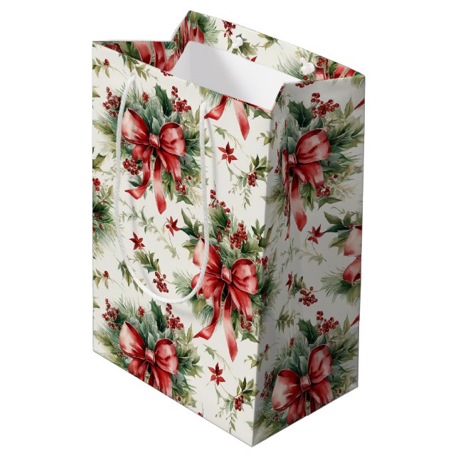Red Bows and Holly Leaves Medium Gift Bag (Back Angled)