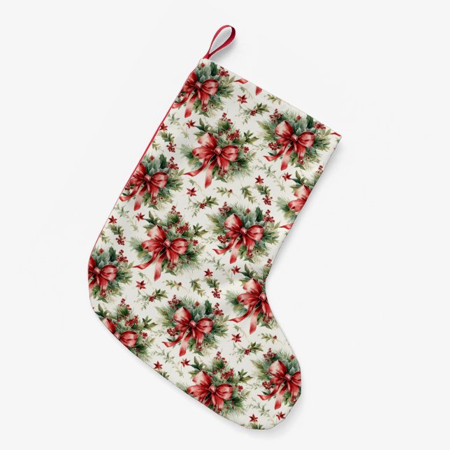 Red Bows and Holly Leaves Small Christmas Stocking (Front (Hanging))