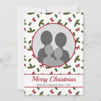 Red Bows And Holly Plants Pattern Custom Photo Holiday Card