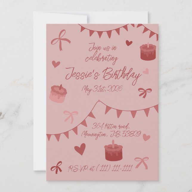 Red Bows, cakes and hearts  Invitation (Front)
