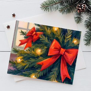 Red Bows Christmas Tree Watercolor Holiday Postcard