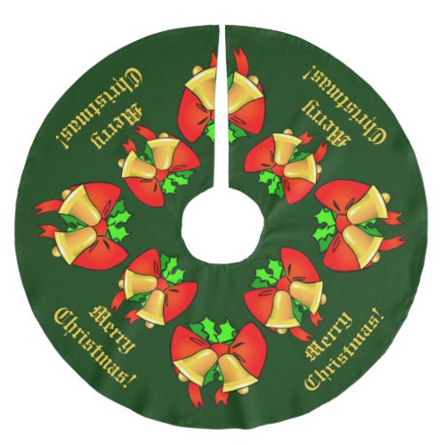 Red Bows Golden Bells Green Holly Festive Brushed Polyester Tree Skirt