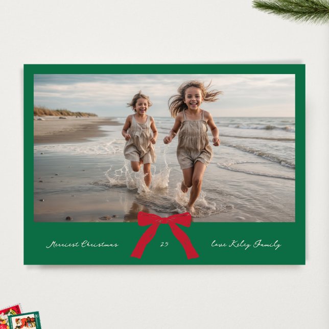 RED bows GREEN CREAM MERRY christmas photo Holiday Card (Creator Uploaded)