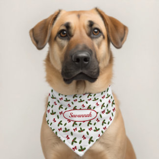 Red Bows Holly Leaves White Background Christmas Pet Bandana Collar