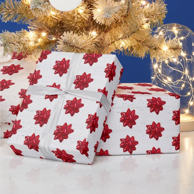 Red Bows on White Wood Wrapping Paper (Holidays)
