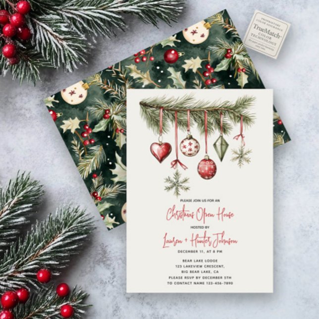 Red Bows Ornament Christmas Open House Party Invitation (Creator Uploaded)
