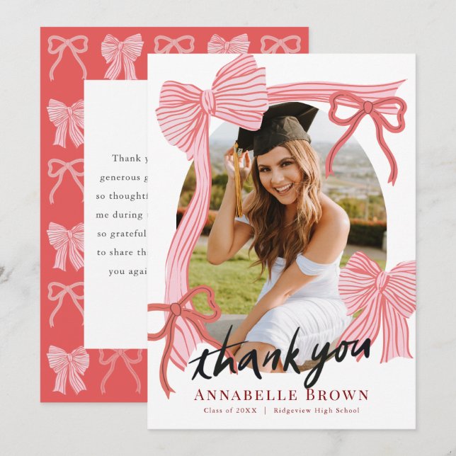 Red Bows Photo Graduation Thank You Card (Front/Back)