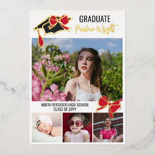 Red Bows Photos Gold Foil Outlines Graduation Invitation