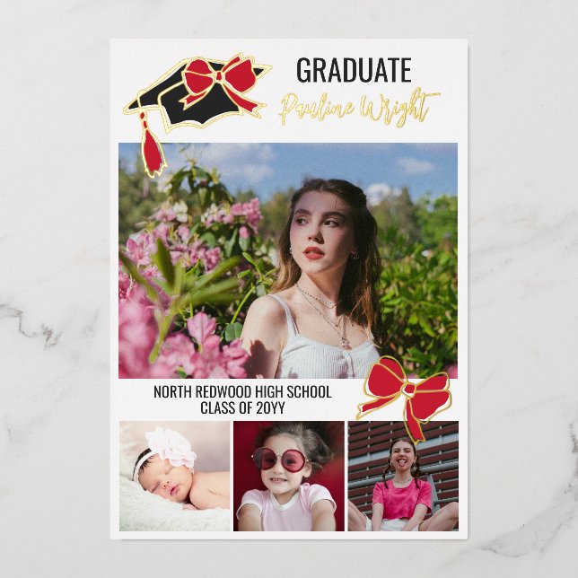 Red Bows Photos Gold Foil Outlines Graduation Invitation (Front)
