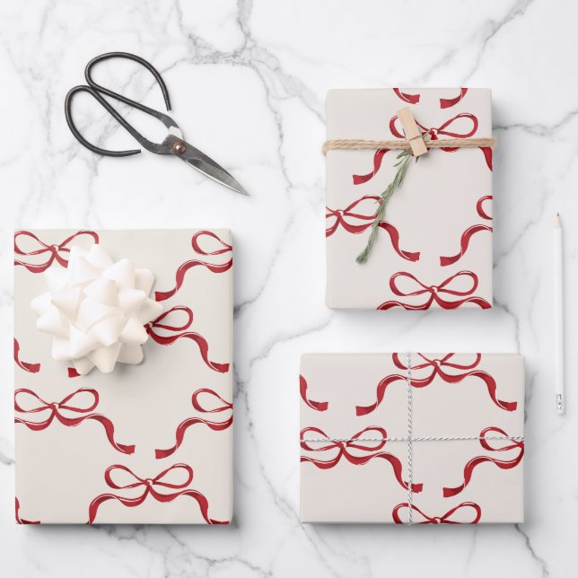 Red Bows Trendy Christmas  Wrapping Paper Sheets (Front)