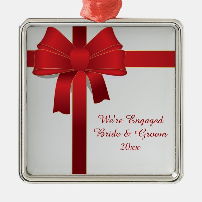 Red Bows Winter Engagement Metal Ornament (Front)