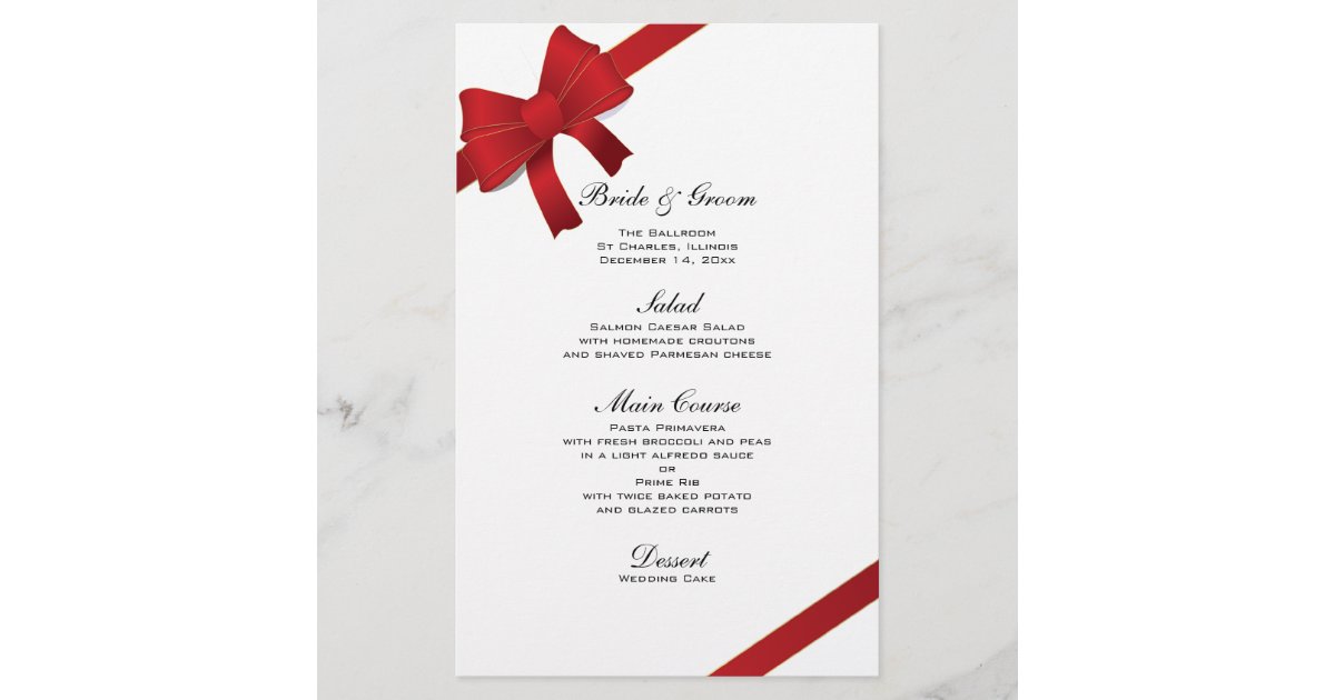 Red Bows Winter Wedding Menu | Zazzle