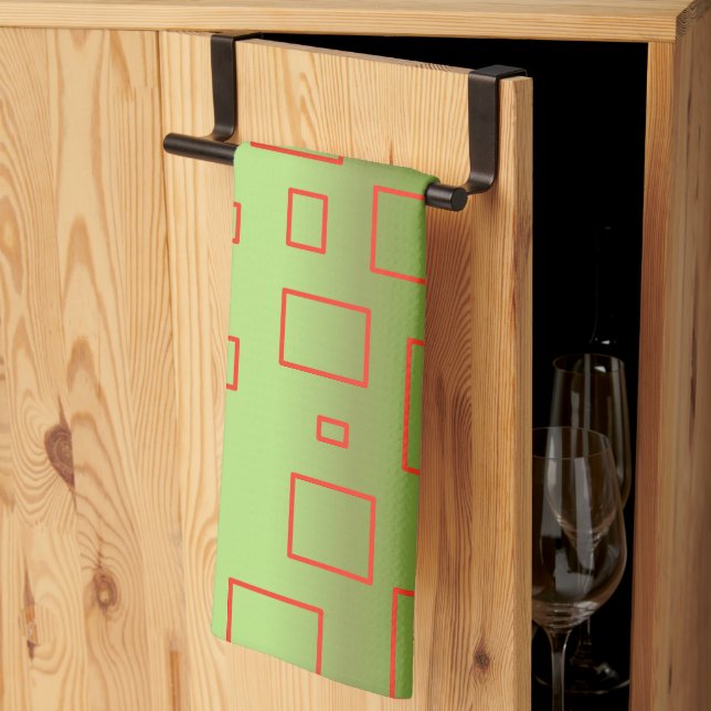 Red Boxes on Green Geometric Kitchen Towel (Thirds Fold)
