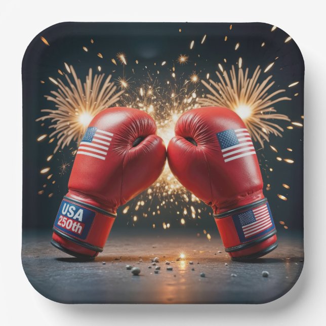 Red Boxing Gloves For USA 250th Birthday Paper Plates (Front)