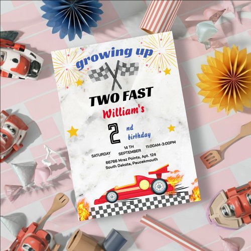 red boy cars Race Car two fast 2nd birthday Invitation