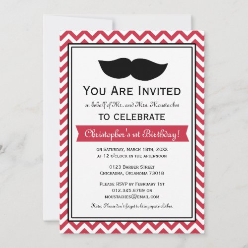 Red Boy Moustache Chevron Birthday Party Announcements