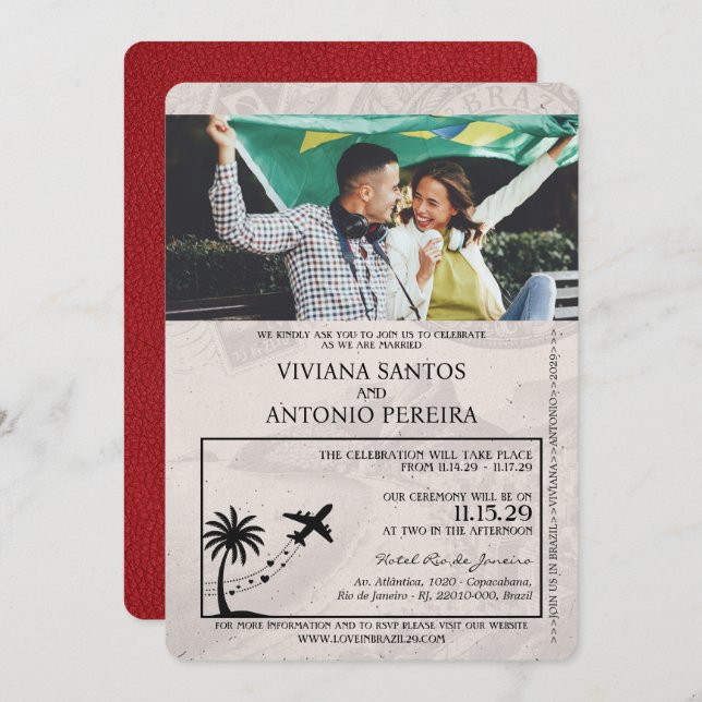Red Brazil Passport Wedding Invitation (Front/Back)