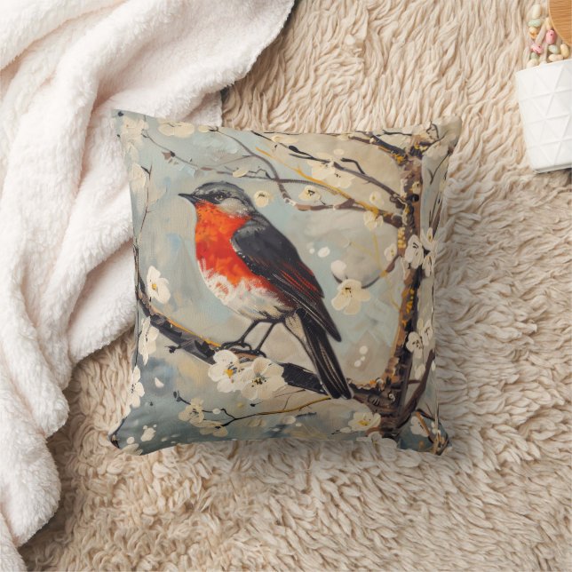 Red Breast Bird in Tree White Flowers Throw Pillow (Blanket)