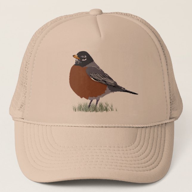 Red Breasted American Robin Digitally Drawn Bird Trucker Hat (Front)