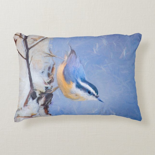 Red-Breasted Nuthatch Painting Original Bird Art Accent Pillow (Front)