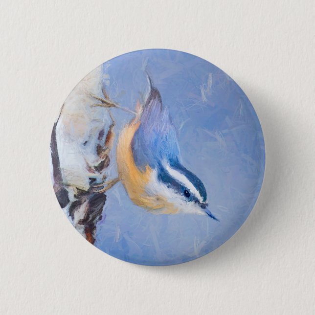 Red-Breasted Nuthatch Painting Original Bird Art Button (Front)