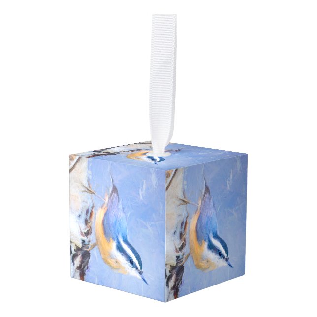 Red-Breasted Nuthatch Painting Original Bird Art Cube Ornament (Front Angled)