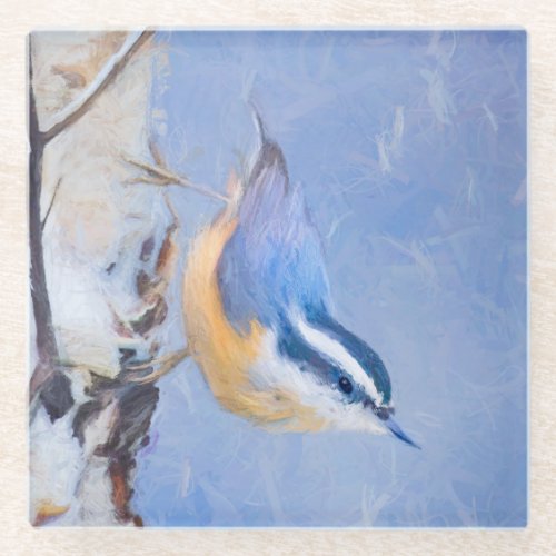 Red_Breasted Nuthatch Painting Original Bird Art Glass Coaster