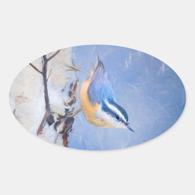 Red-Breasted Nuthatch Painting Original Bird Art Oval Sticker (Front)