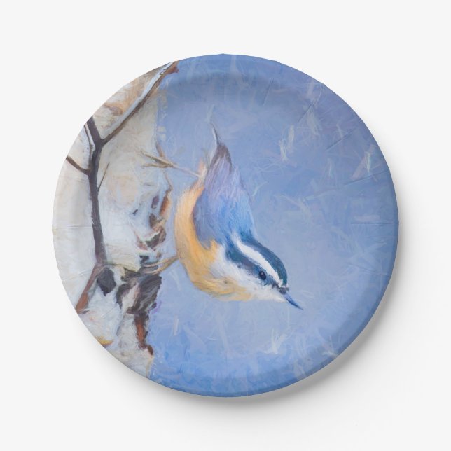 Red-Breasted Nuthatch Painting Original Bird Art Paper Plates (Front)