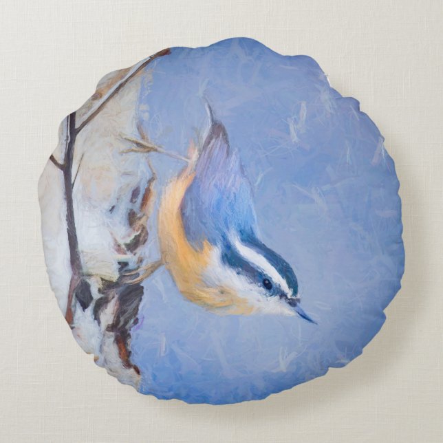 Red-Breasted Nuthatch Painting Original Bird Art Round Pillow (Back)
