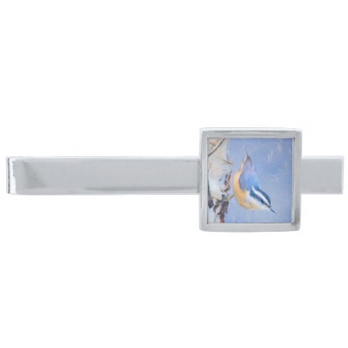 Red_Breasted Nuthatch Painting Original Bird Art Silver Finish Tie Bar