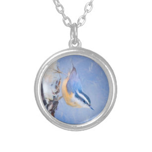 Red-Breasted Nuthatch Painting Original Bird Art Silver Plated Necklace