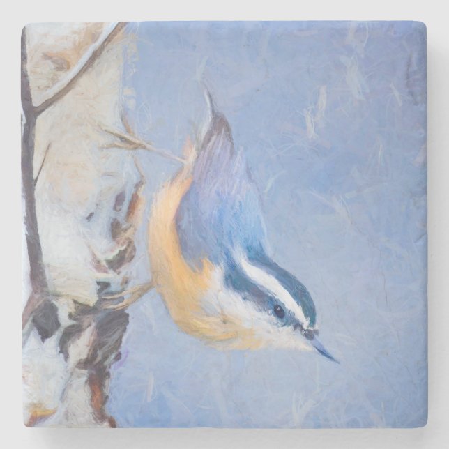Red-Breasted Nuthatch Painting Original Bird Art Stone Coaster (Front)