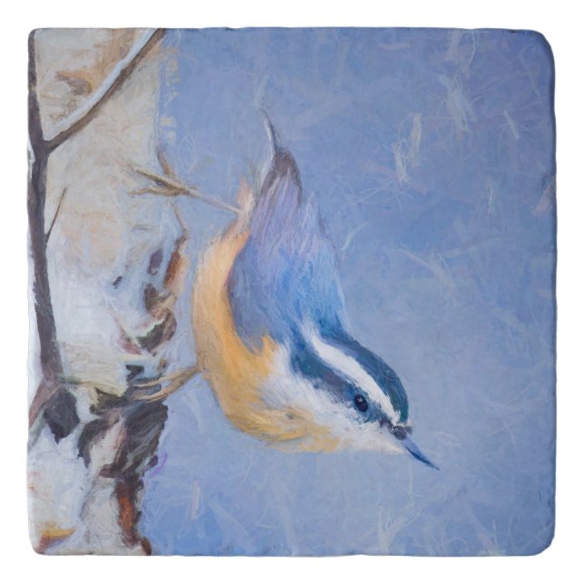 Red-Breasted Nuthatch Painting Original Bird Art Trivet (Front)