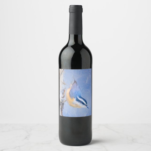 Red-Breasted Nuthatch Painting Original Bird Art Wine Label (Front)