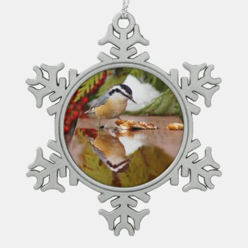 Red-breasted Nuthatch Snowflake Pewter Christmas Ornament by birdsandblooms at Zazzle