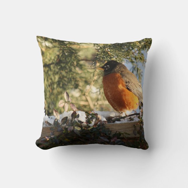 Red Breasted Robin Bird Throw Pillow (Front)