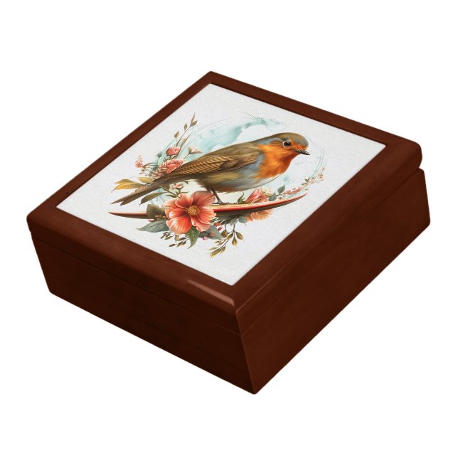 Red Breasted Robin On Floral Branch Gift Box (Side)