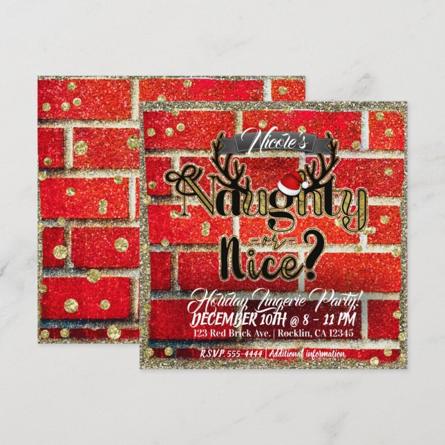 Red Brick & Glitter Holiday Naughty or Nice Party Invitation (Front/Back)