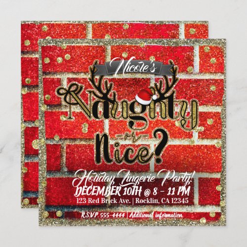 Red Brick  Glitter Holiday Naughty or Nice Party Invitation