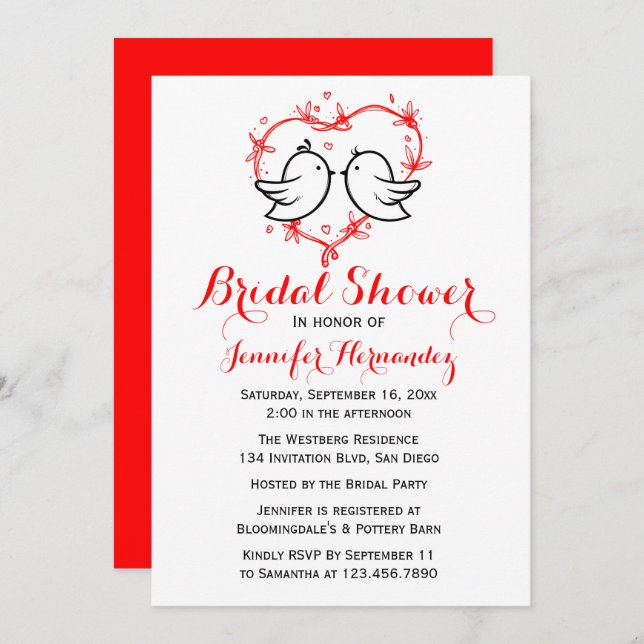 Red Bridal Shower Black Lovebirds & Heart Wedding Invitation (Front/Back)