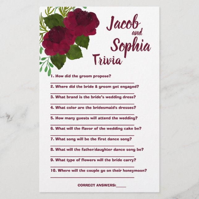RED BRIDE & GROOM TRIVIA SHOWER GAME CARD FLYER (Front)