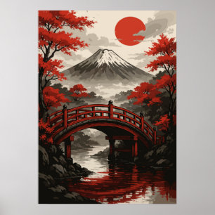 Red Bridge and Mount Fuji Japanese Landscape Poster