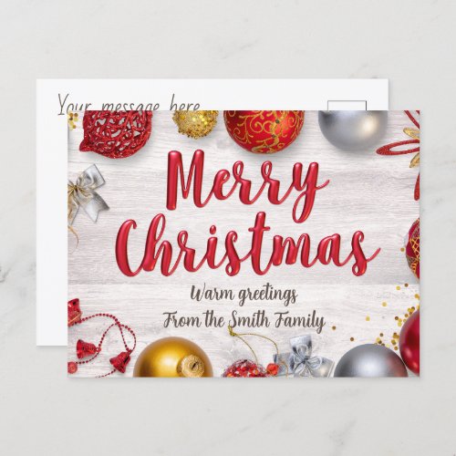 Red bright Christmas greetings with decorations Holiday Postcard