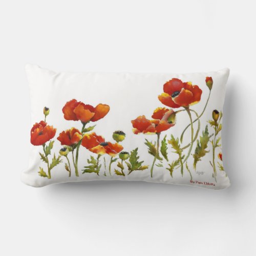 Red bright poppy flowers watercolor painting lumba lumbar pillow