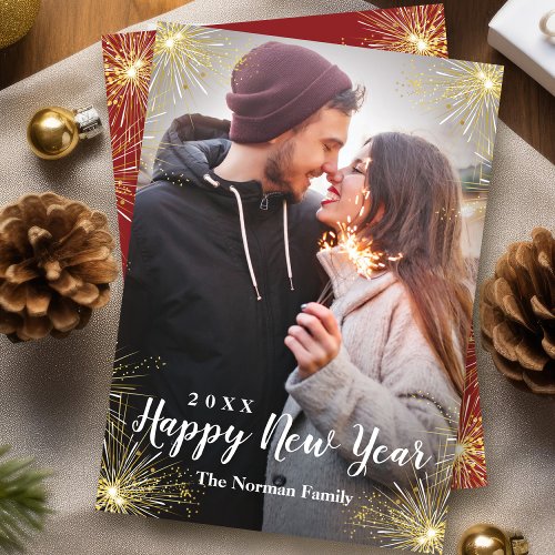 Red Bright Sparkling Sparkler Happy New Year Photo Holiday Card