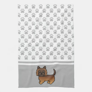 Red Brindle Cairn Terrier Dog & Grey Paws Pattern Kitchen Towel