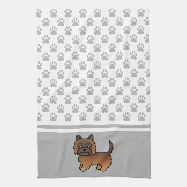 Red Brindle Cairn Terrier Dog & Grey Paws Pattern Kitchen Towel (Vertical)