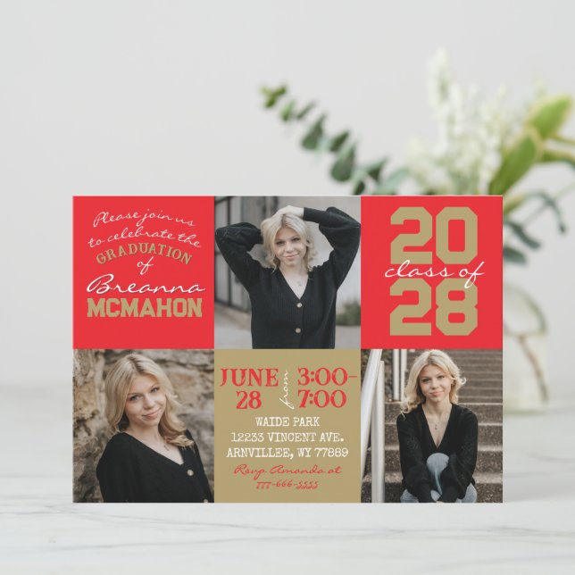 Red & Bronze Gold 3 Photo Graduation Invitation (Standing Front)