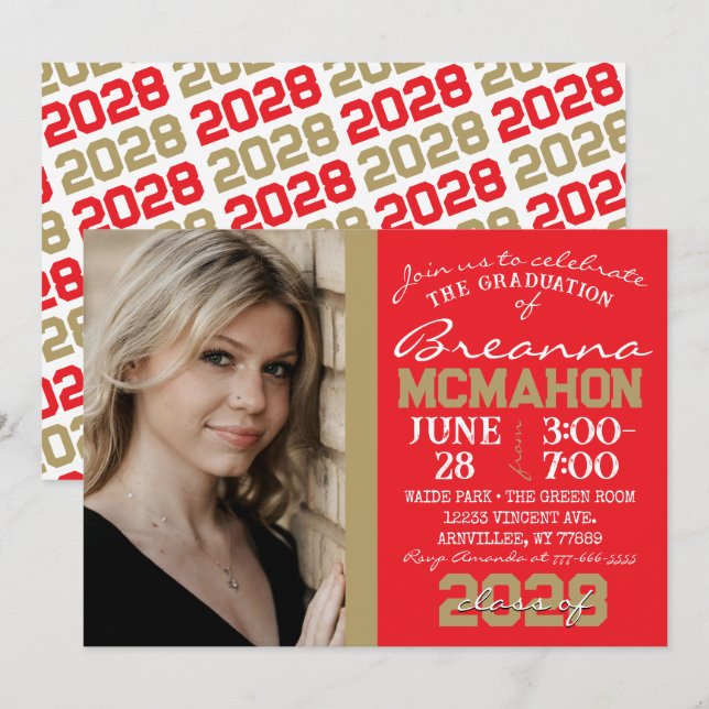 Red & Bronze Gold Graduation Photo Invitation (Front/Back)